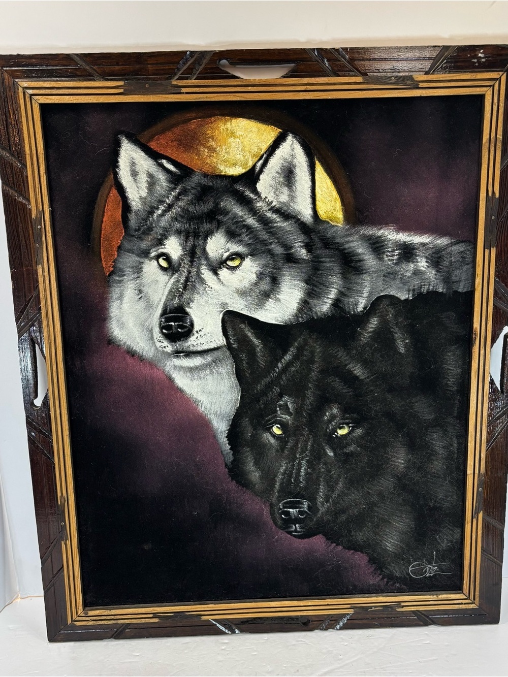 MCM Vintage David Ortiz Velvet Wolf Painting 23” X 19” Signed Vintage Retro